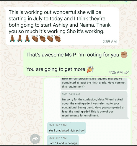 Client message confirming two new sign-ups after a follow-up conversation