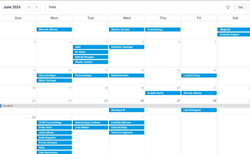 Calendar view showing dozens of booked appointments across a single month